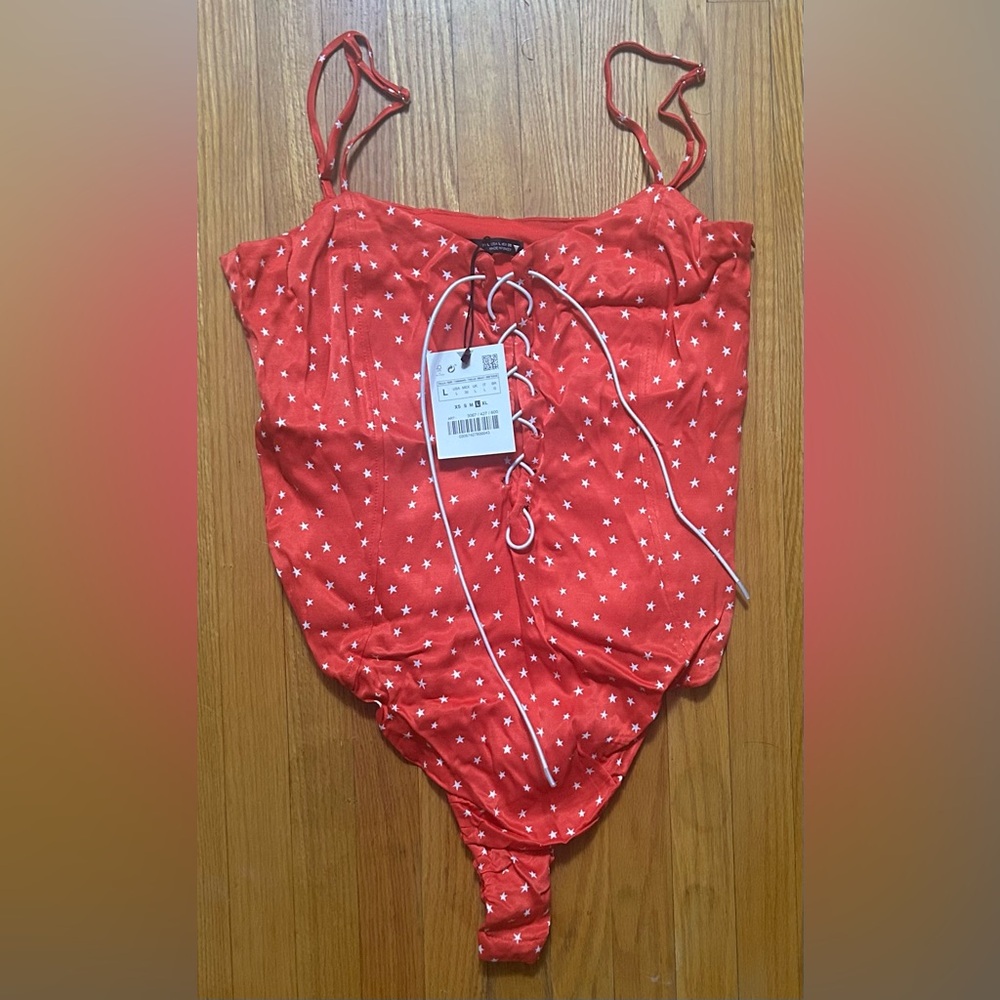 New with Tags Zara Red Star-Patterned Lace-Up Thong Bodysuit, Size Large